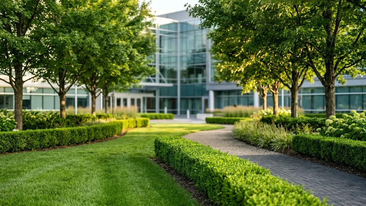 A premium corporate office-park entrance with manicured turf, clipped boxwood hedges, and a mature tree canopy before a modern glass office building